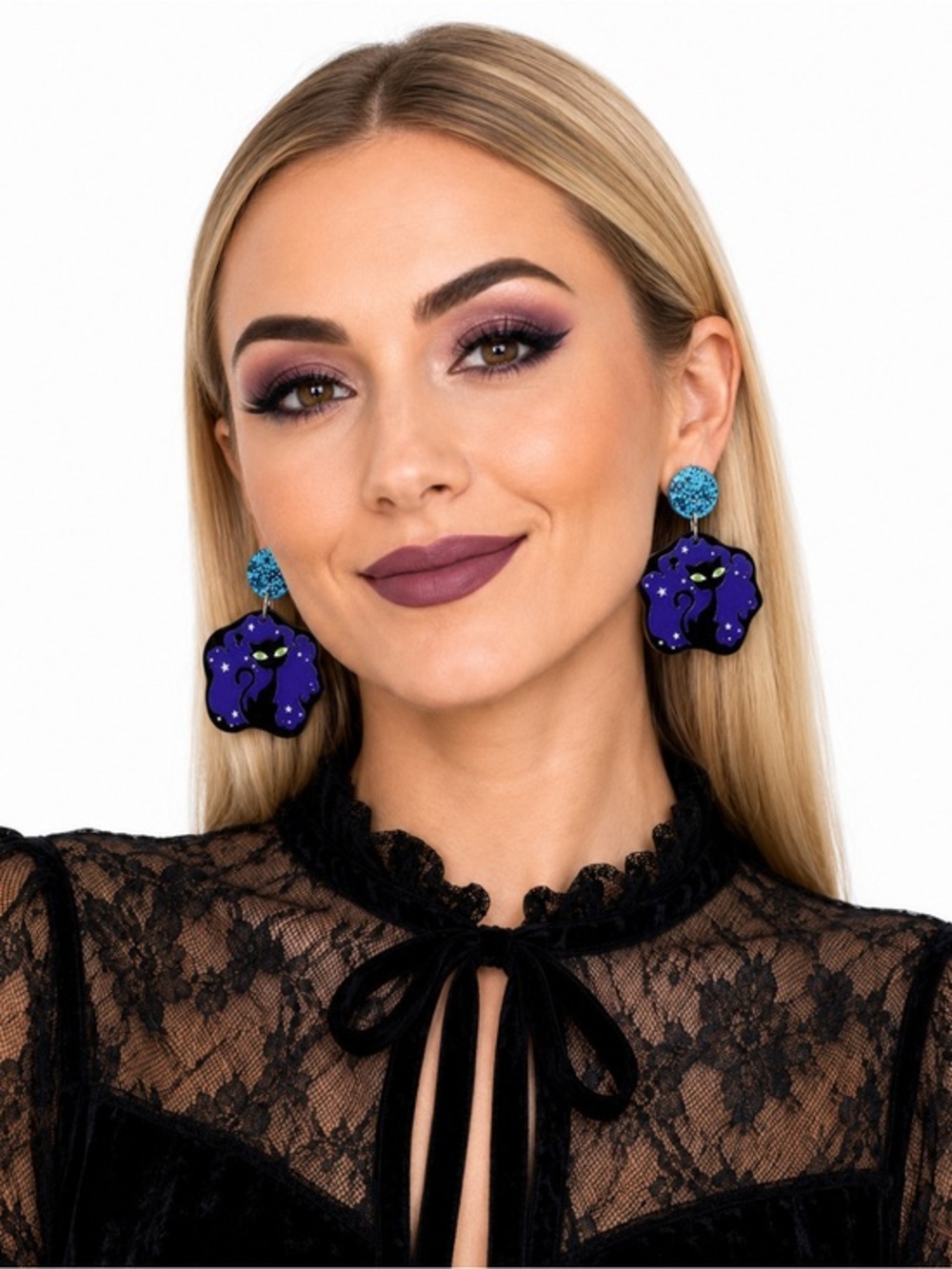 Halloween Spider Bat Scary Black & Purple Cat Glitter Stud Earrings